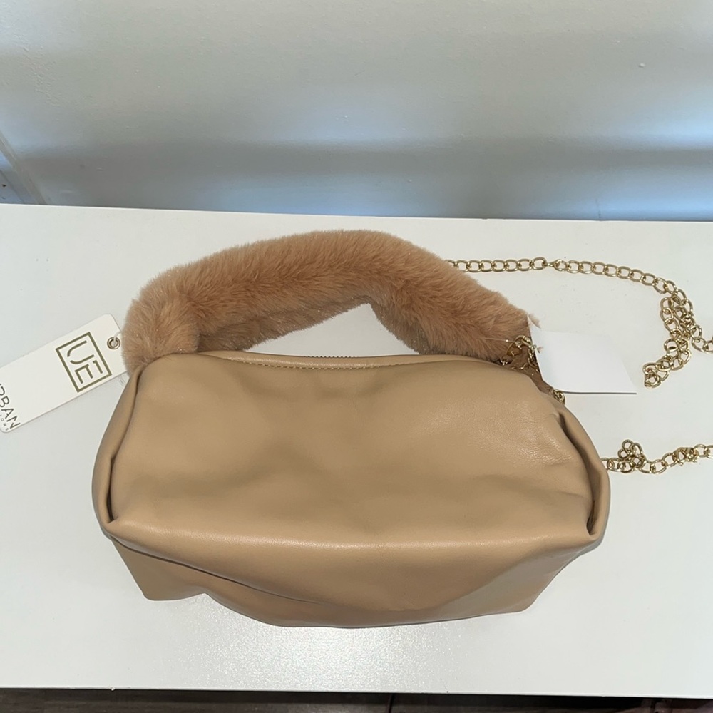 Tan/Taupe Urban Expressions Handbag with Faux Fur Handle and Gold Chain Strap